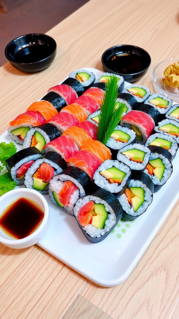 A platter of sushi rolls with tuna, avocado, and cucumber, served with soy sauce and garnishes.
